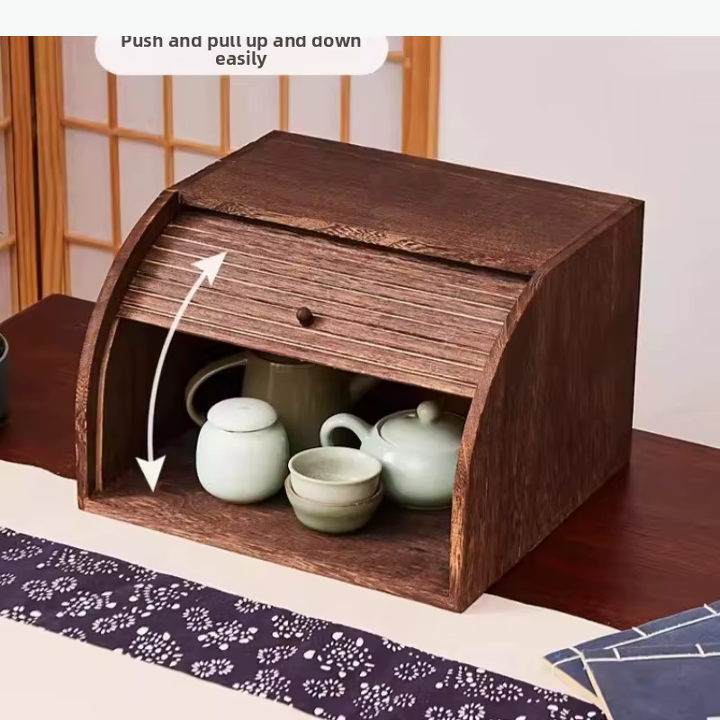 Meuble de rangement en bois massif anti-poussière avec porte à rideau coulissant, bac de rangement et étagère pour la maison