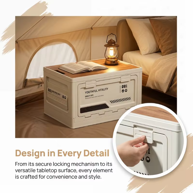 Boîte de rangement pliable avec couvercle en bois