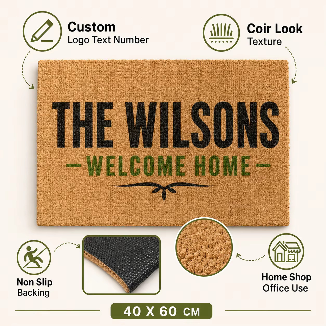 Tapis de porte personnalisé avec nom, aspect fibre de coco, tapis de bienvenue pour la famille et les animaux, antidérapant, pour l'entrée de la maison, décoration extérieure