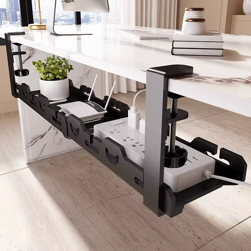 Organisateur extensible sous le bureau, plateau de gestion des câbles sans perceuse (noir/blanc), rangement télescopique peu encombrant pour fils et bureau