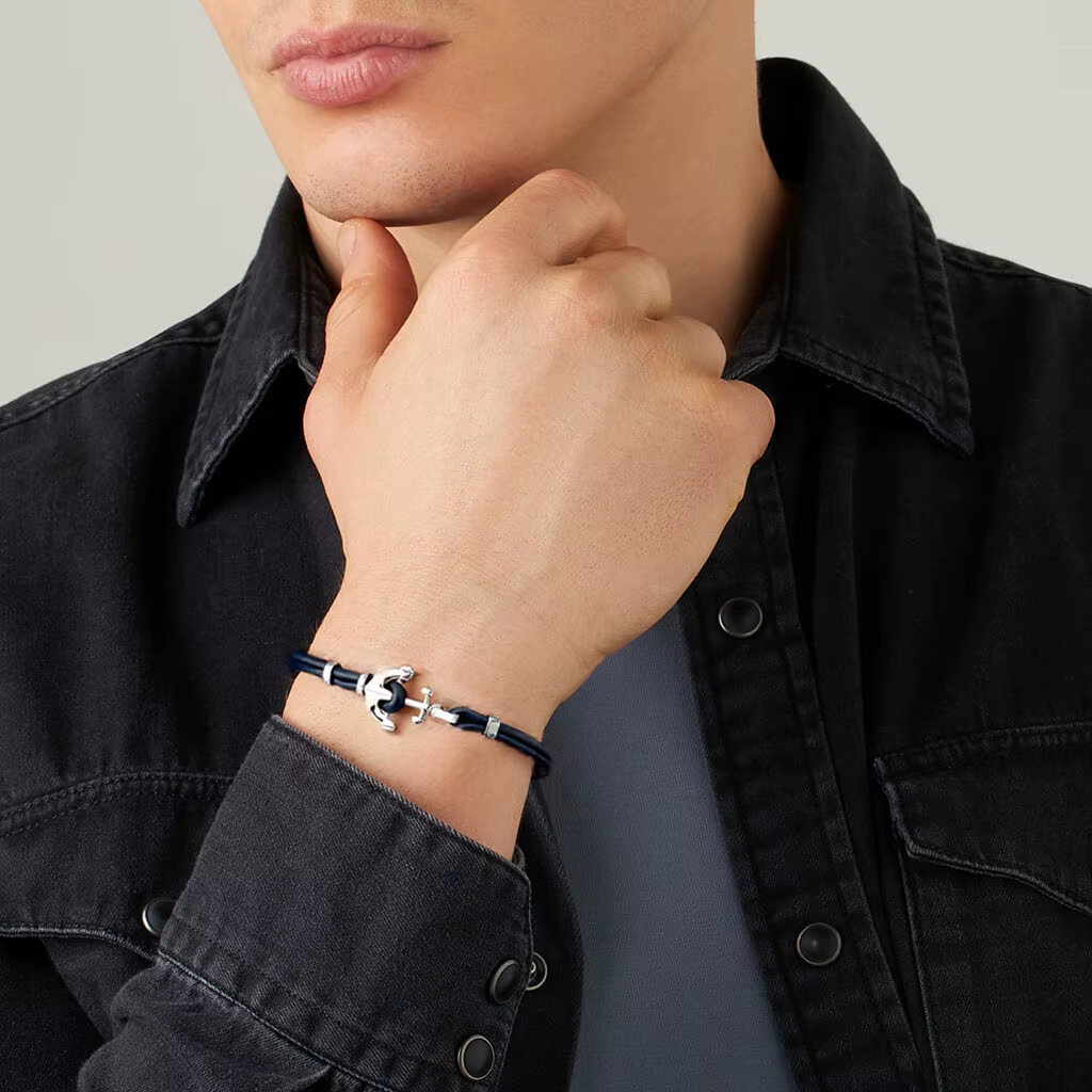 Runda Bracelet homme cuir noir acier tressé chaîne ancre fermoir réglable 22 cm