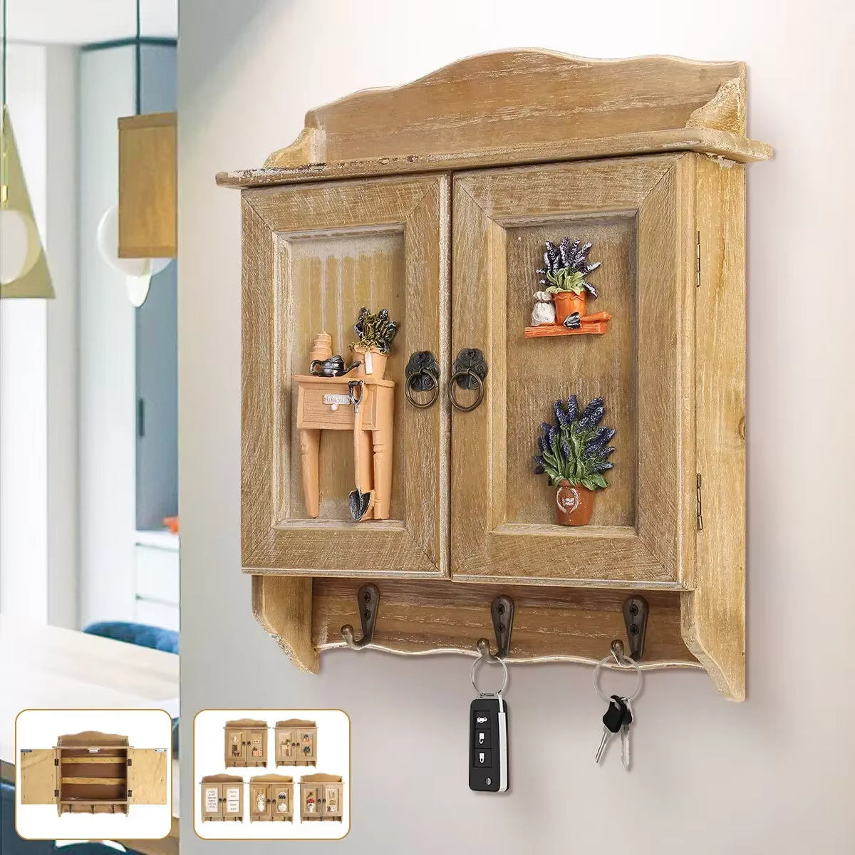 Pour la maison salon décor rétro en bois Double portes boîte à clés organisateur support 9 crochets clé armoire