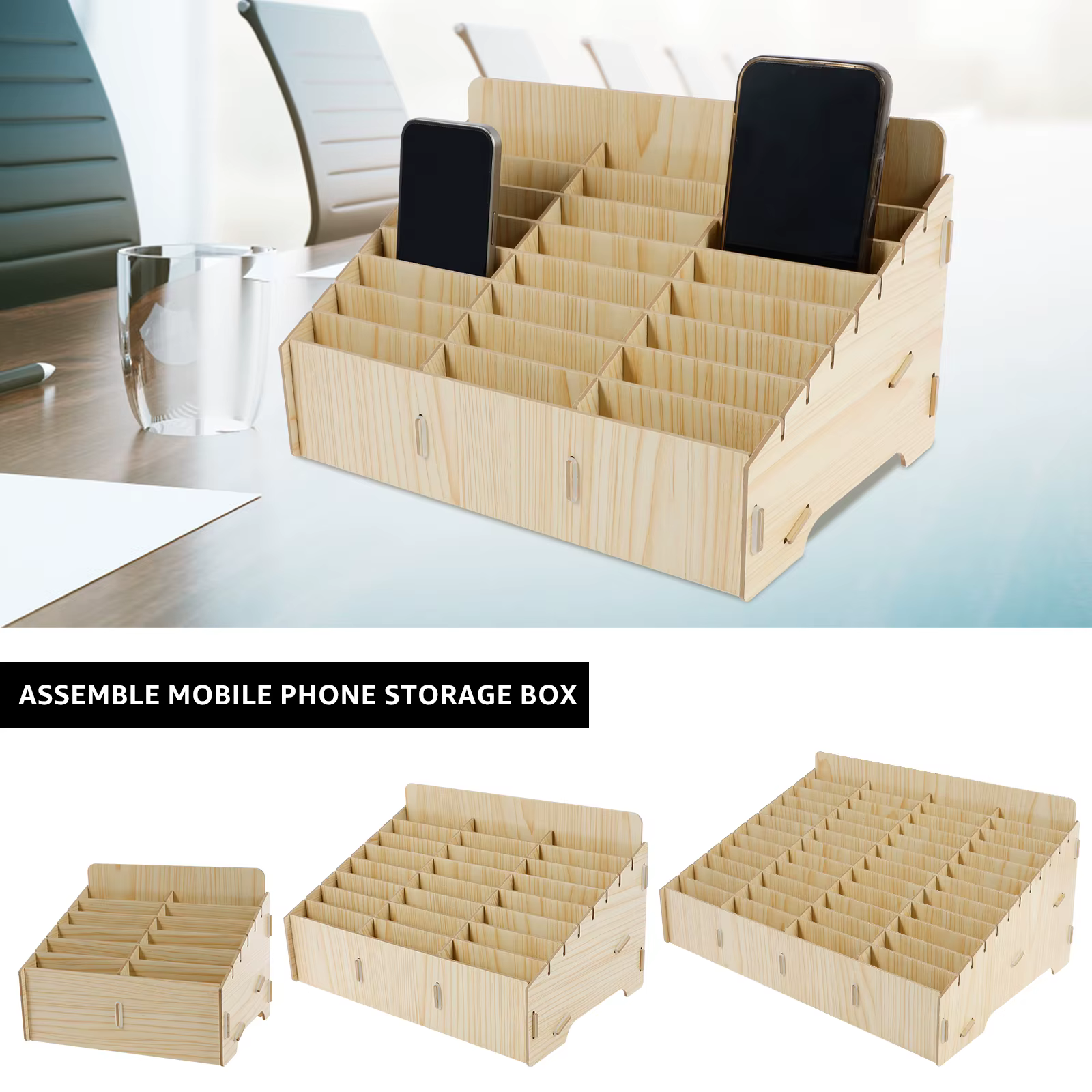 Support de téléphone portable en bois, boîte de rangement solide pour téléphone, support de téléphone polyvalent, organisateur de bureau, facile à installer, stockage de gestion du téléphone