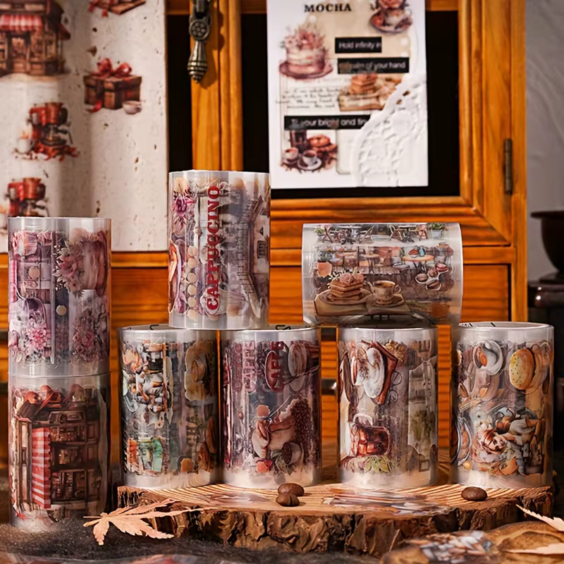 4 rouleaux/boîte, ruban adhésif vintage sur le thème du café