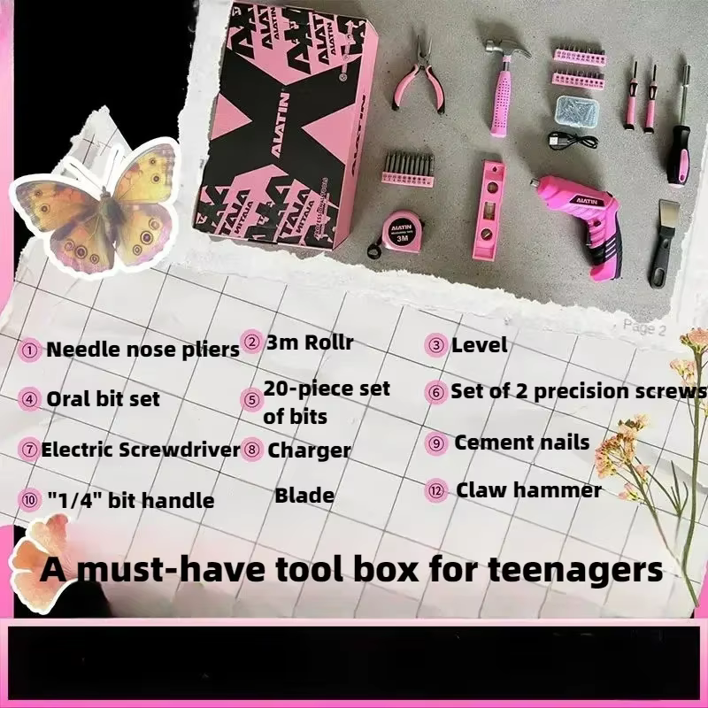 Boîte à Outils Domestique Rose avec Marteau et Tournevis à Batterie au Lithium pour Femme