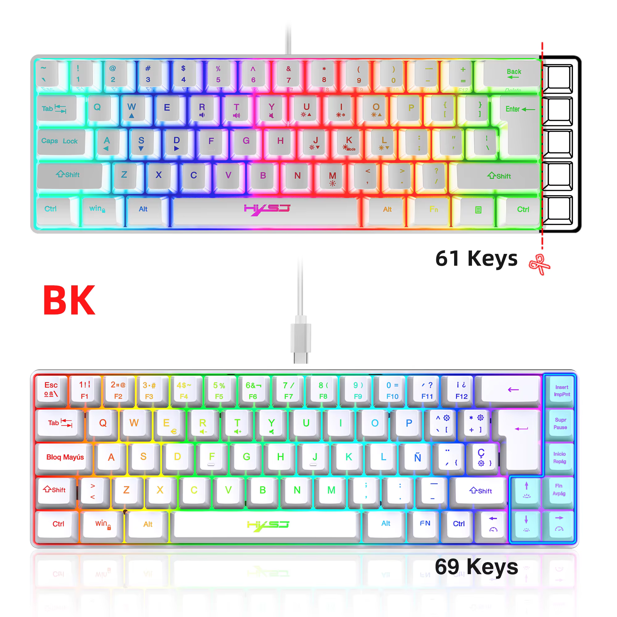 68 touches clavier de jeu USB filaire Portable 20 RGB rétro-éclairage coréen russe anglais
