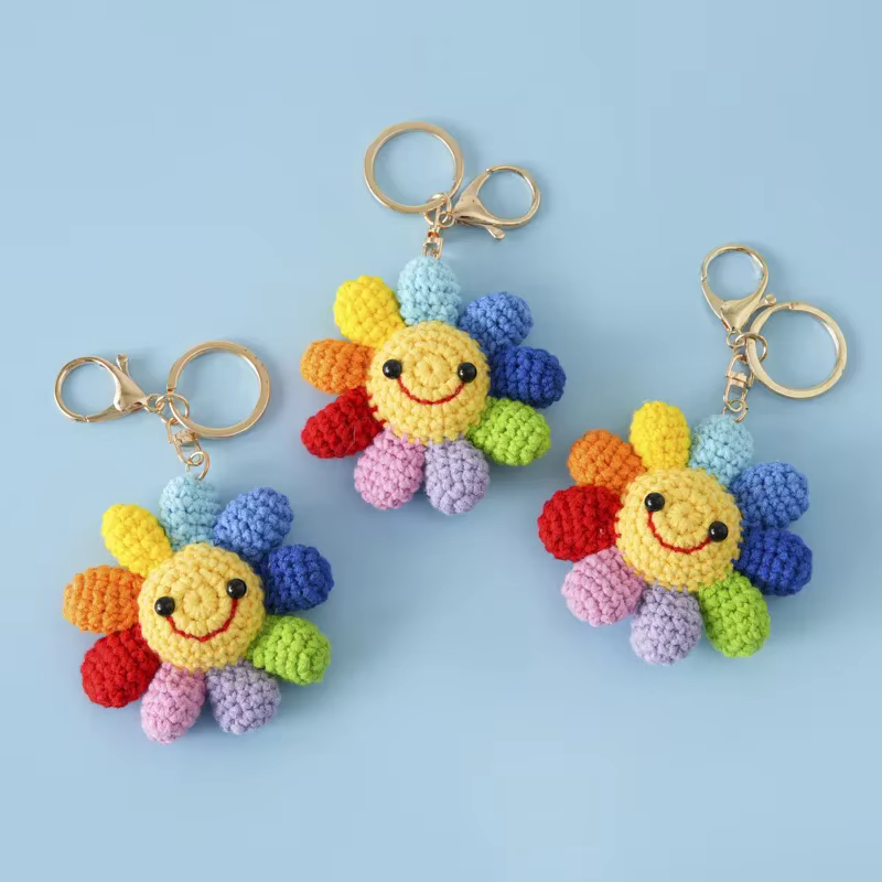 Porte-clés tournesol tricoté créatif, pendentif de sac mignon, fleur au Crochet, porte-clés de voiture