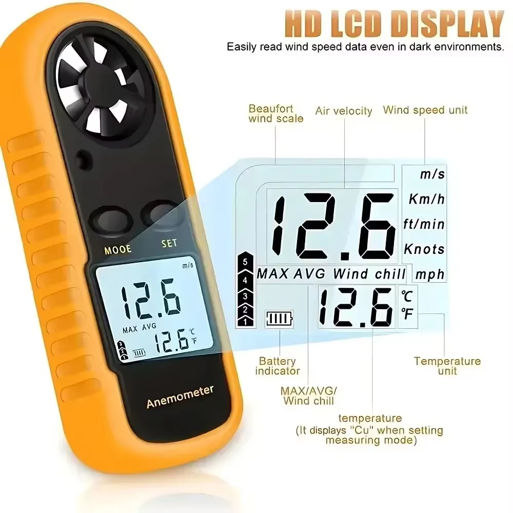 Anémomètre numérique LCD portable, mesureur de vitesse du vent, jauge de température pour la navigation, les drones, le HVAC, les tests industriels en extérieur