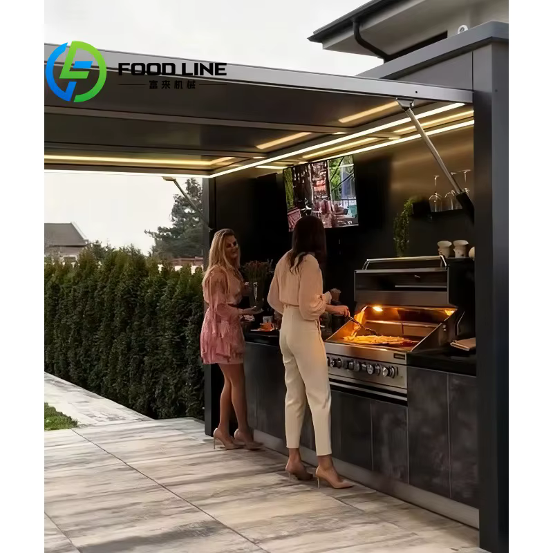 Îlot de cuisine extérieur modulaire personnalisé sur remorque avec évier, armoire de rangement et station de cuisson BBQ pour jardin