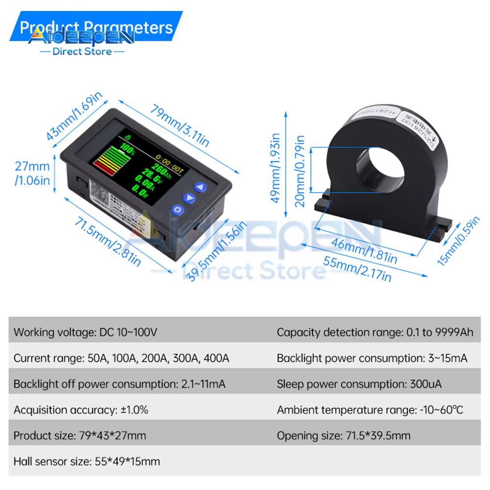 Moniteur de capacité de batterie 10V-100V avec capteur Hall