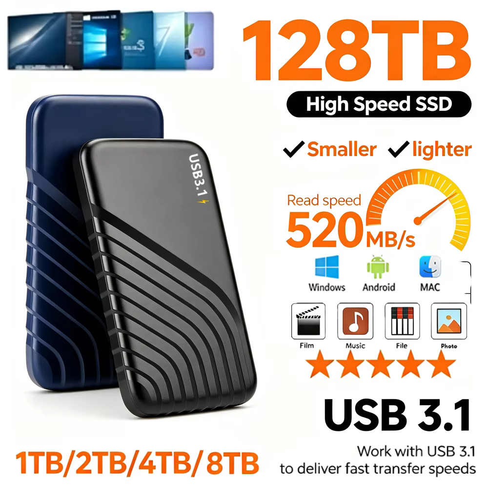 SSD portable USB 3.1 haute vitesse 1 To 2 To 4 To, disque SSD externe original grande capacité pour PC, ordinateur portable, Mac, téléphone