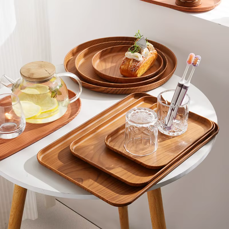 Plateau de service rectangulaire en plastique grain de bois, assiette de rangement polyvalente pour usage domestique et commercial, pour tasses d'eau, gâteaux et desserts