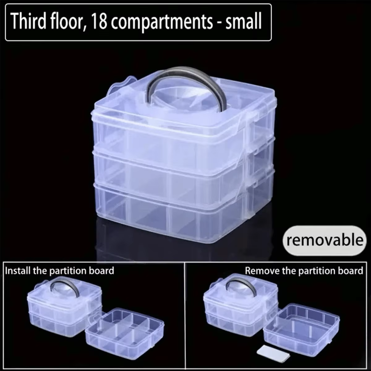 Boîte de rangement en plastique transparente à 3 niveaux et 18 grilles