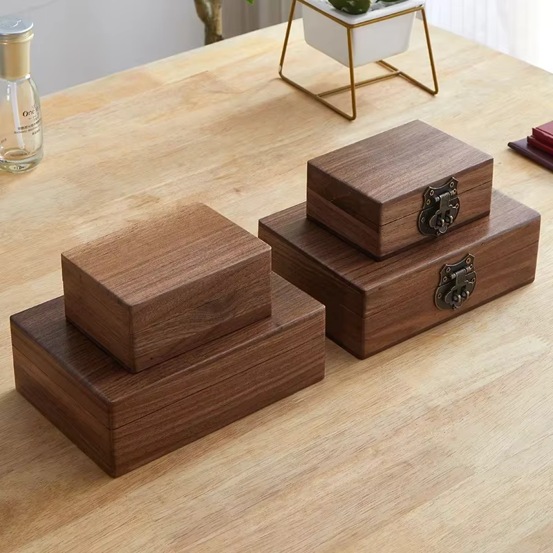 Boîtes de rangement en noyer noir, rangement de bureau rétro avec serrure, bijoux et débris ménagers, boîte de rangement en bois massif