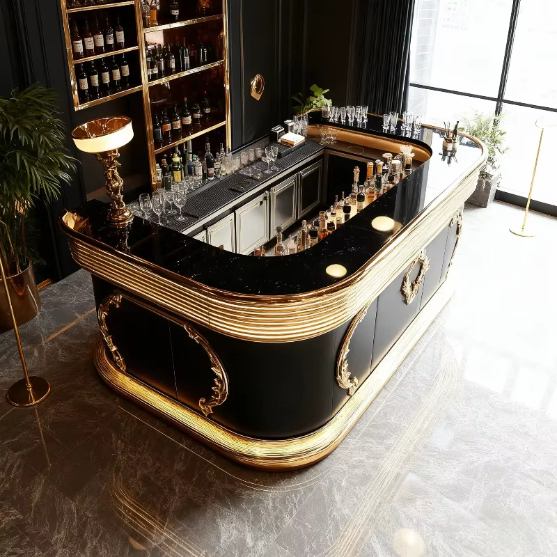 Bar moderne haut de gamme en acier inoxydable, comptoirs en marbre, design autoportant, adapté aux bars et aux hôtels, personnalisable