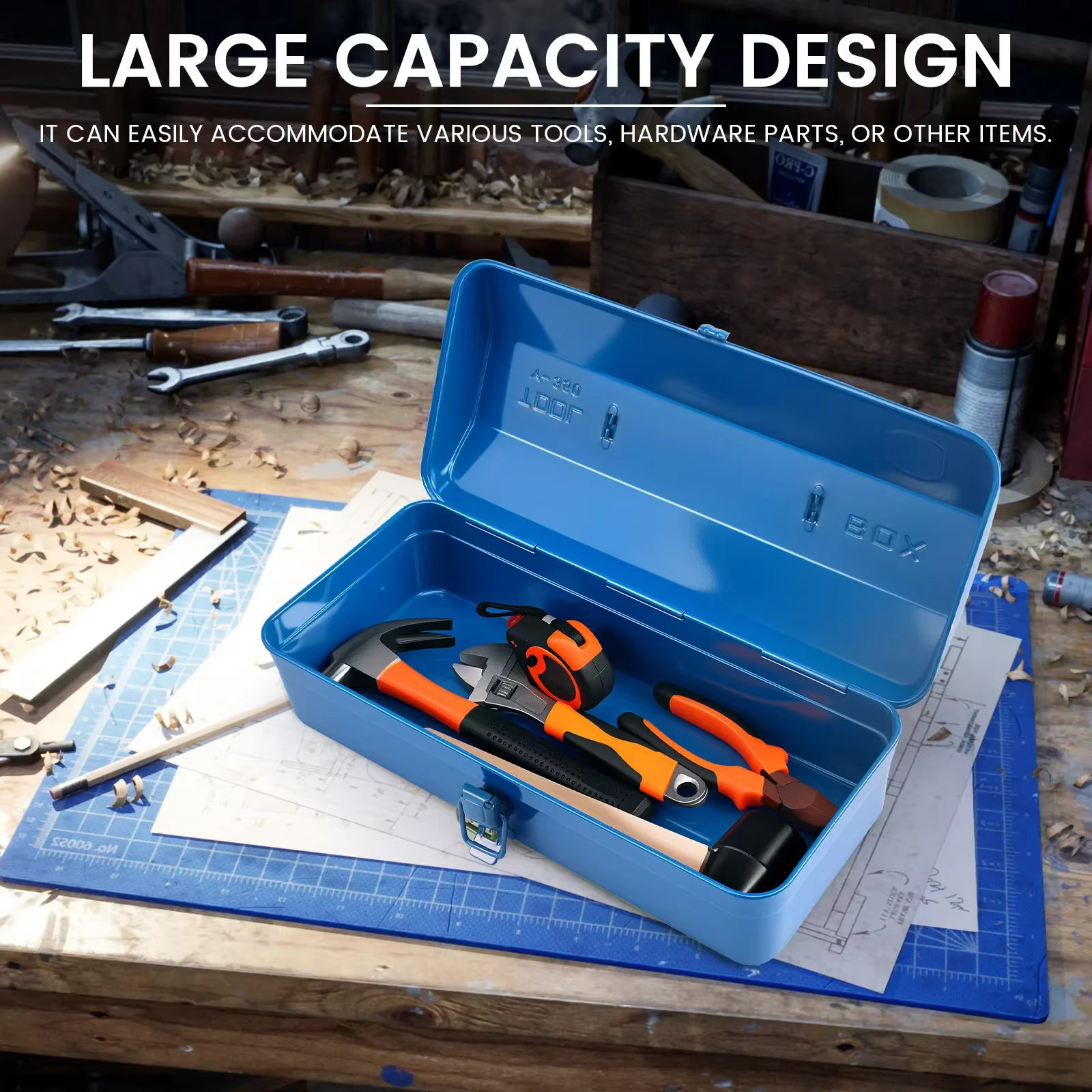 Grande boîte de rangement pour outils en métal avec poignée pour atelier