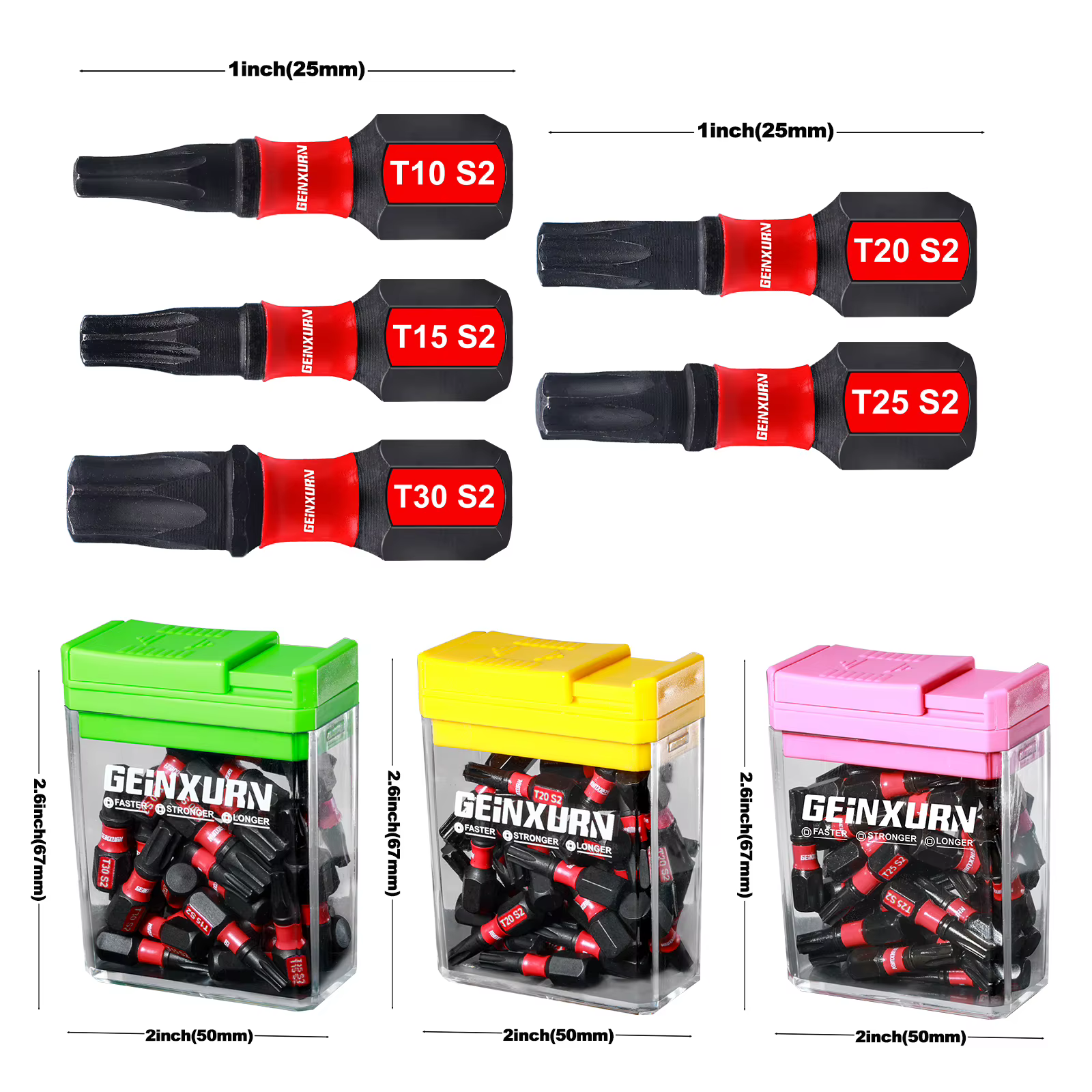 Geinxurn 30 embouts multi-conducteurs magnétiques Torx en acier S2 à impact avec boîte colorée de rangement (vert