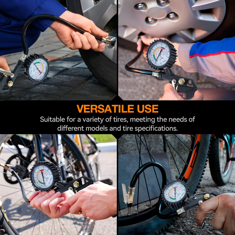 Manomètre de pression des pneus 0-16 bar avec tuyau en caoutchouc épais, alimenté par compresseur d'air, cadran haute précision, pompes de gonflage, petit et durable, pour voiture/SUV/moto/vélo/remorq