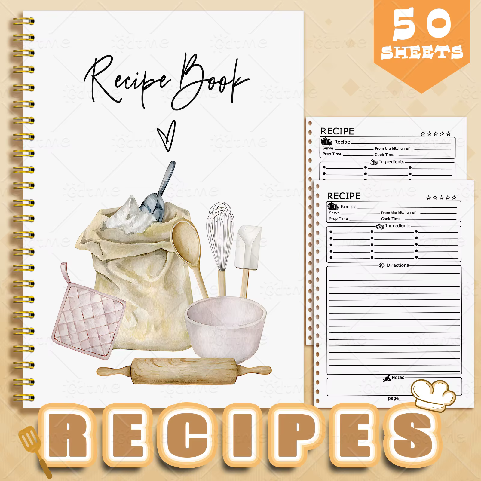 1 carnet de recettes, un planificateur de cuisine avec de jolis motifs culinaires et un journal alimentaire aux couleurs pastel pour les cuisiniers à domicile et les planificateurs de repas