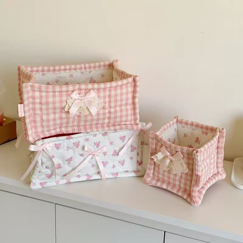 Panier de rangement matelassé pliable en tissu avec jolie décoration en nœud