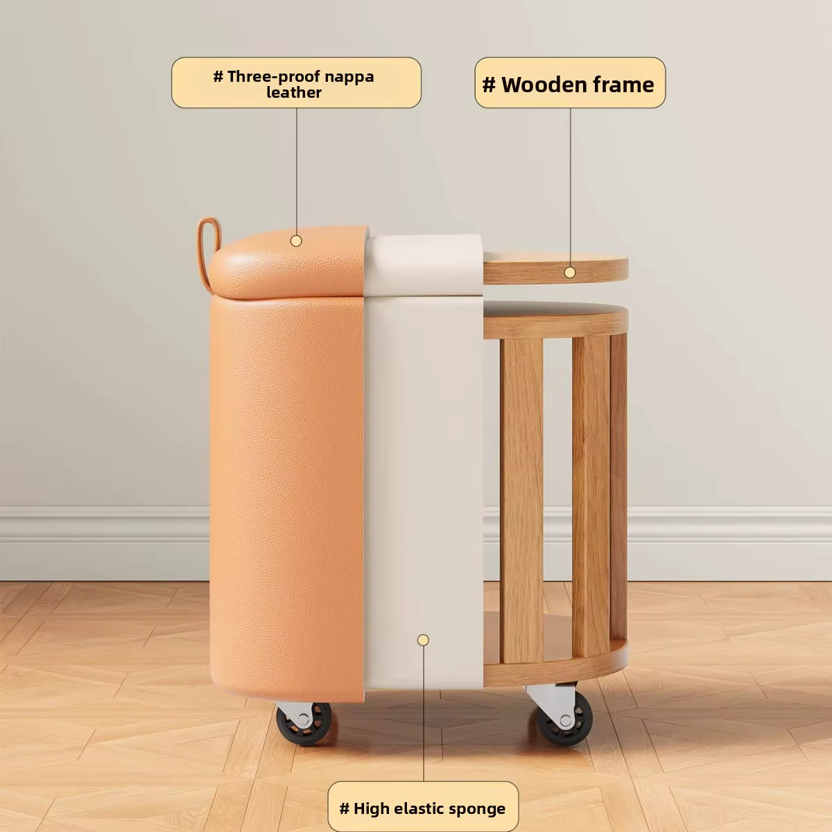 Banc de maquillage en cuir pour rangement, banc à chaussures, banc à ongles roulant pour chambre de femme, tissu en cuir haut de gamme de luxe léger