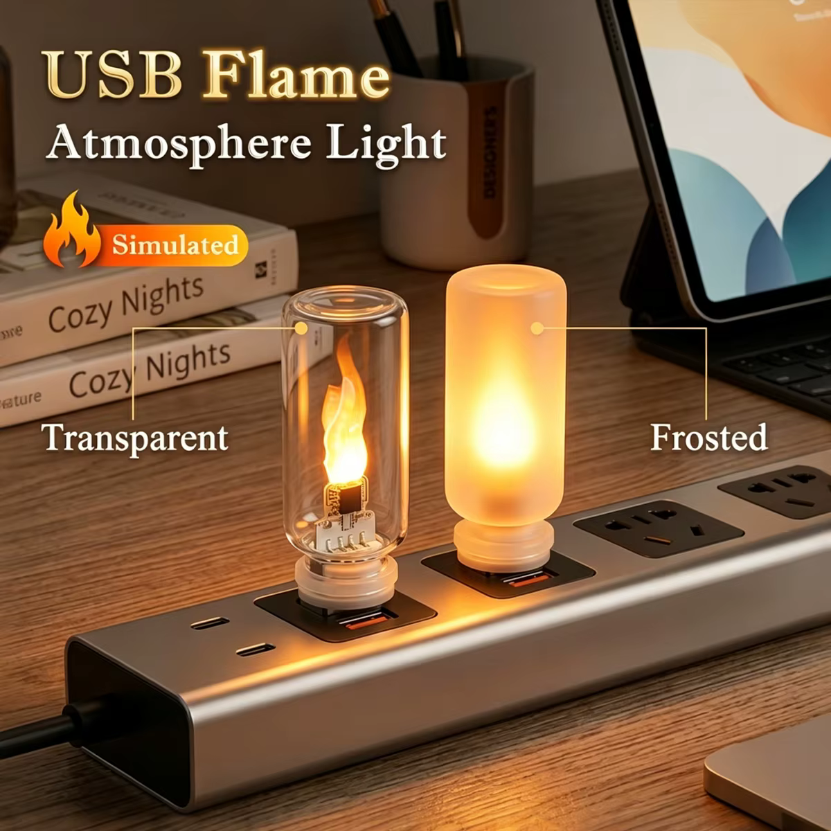 Lampe de nuit LED USB à flamme vacillante en verre dépoli transparent