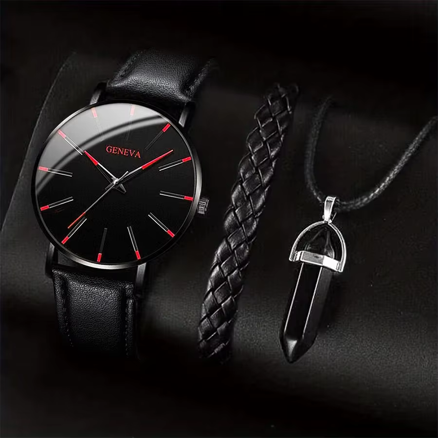 3 pièces/ensemble hommes montres d'affaires bracelet en cuir décontracté analogique montre à Quartz