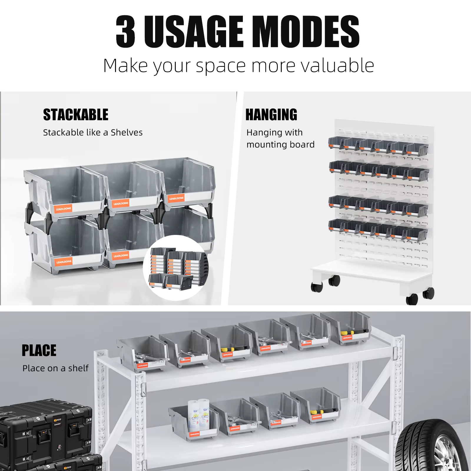 Boîte de rangement en plastique empilable gris 6/24 pièces