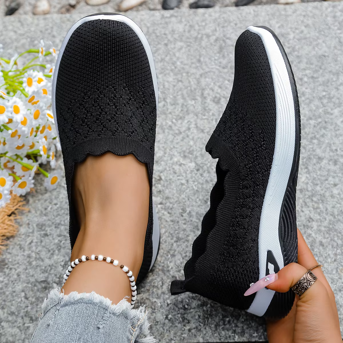 Chaussures orthopédiques pour femmes, chaussures de marche en tricot, respirantes, à enfiler, mocassins souples, baskets compensées antidérapantes, chaussures décontractées confortables