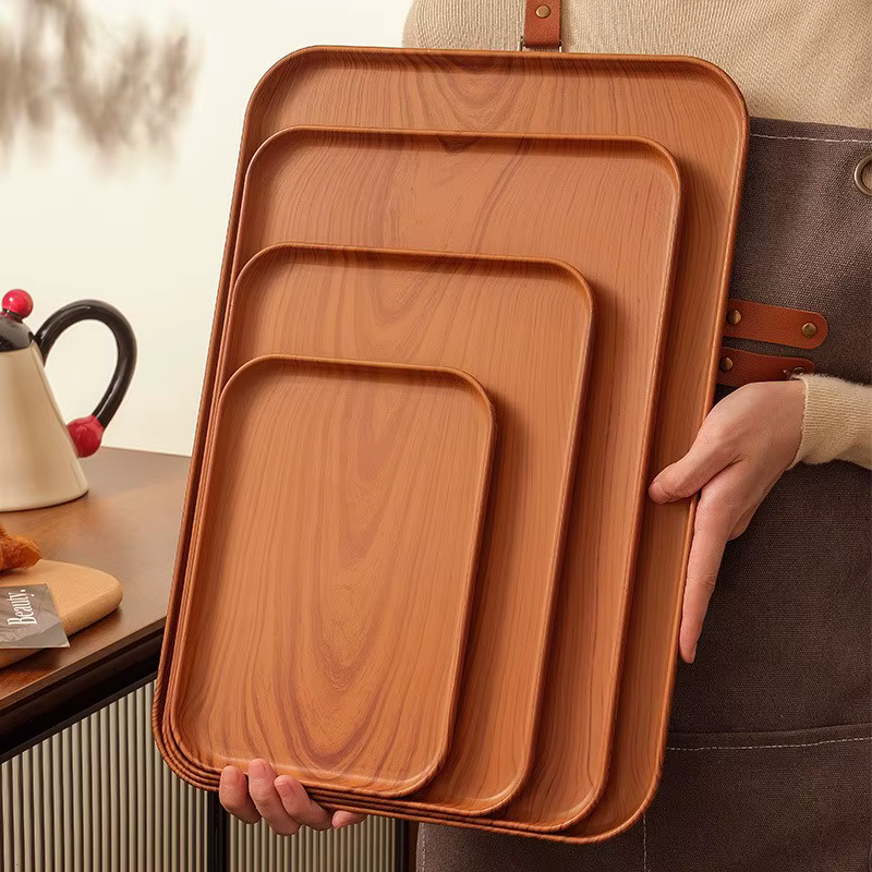 Plateau de service rectangulaire en plastique grain de bois, assiette de rangement polyvalente pour usage domestique et commercial, pour tasses d'eau, gâteaux et desserts