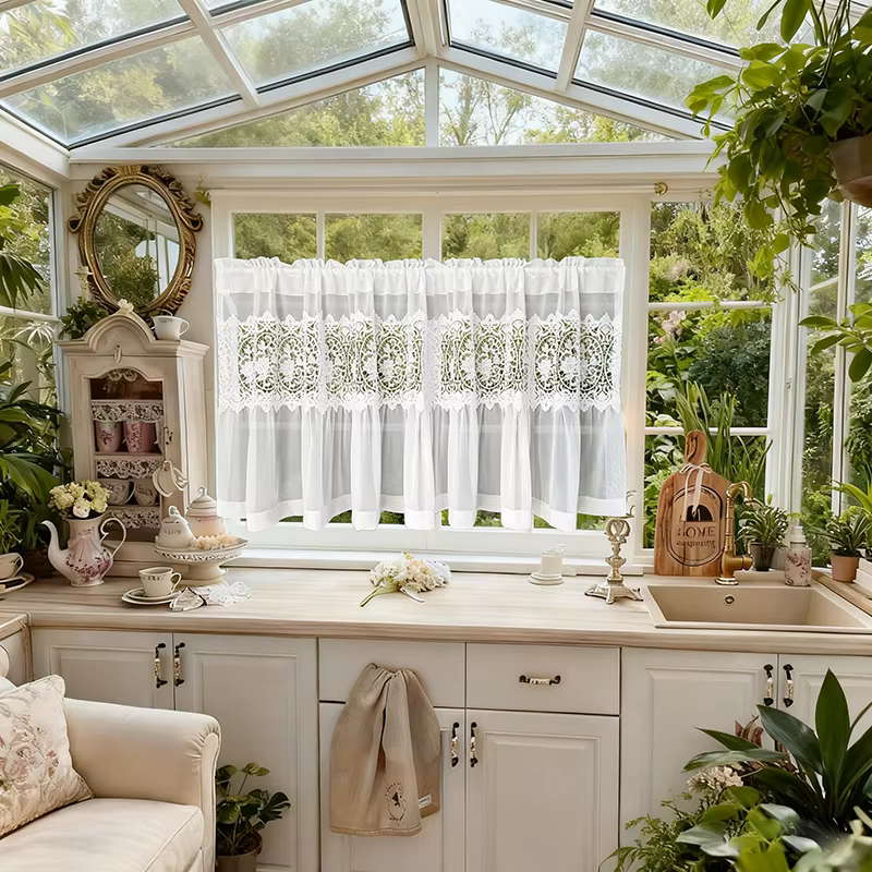 Rideau court en dentelle brodée de fleurs exquises de Style français, blanc, élégant, transparent, pour café, pour salon et porte de cuisine