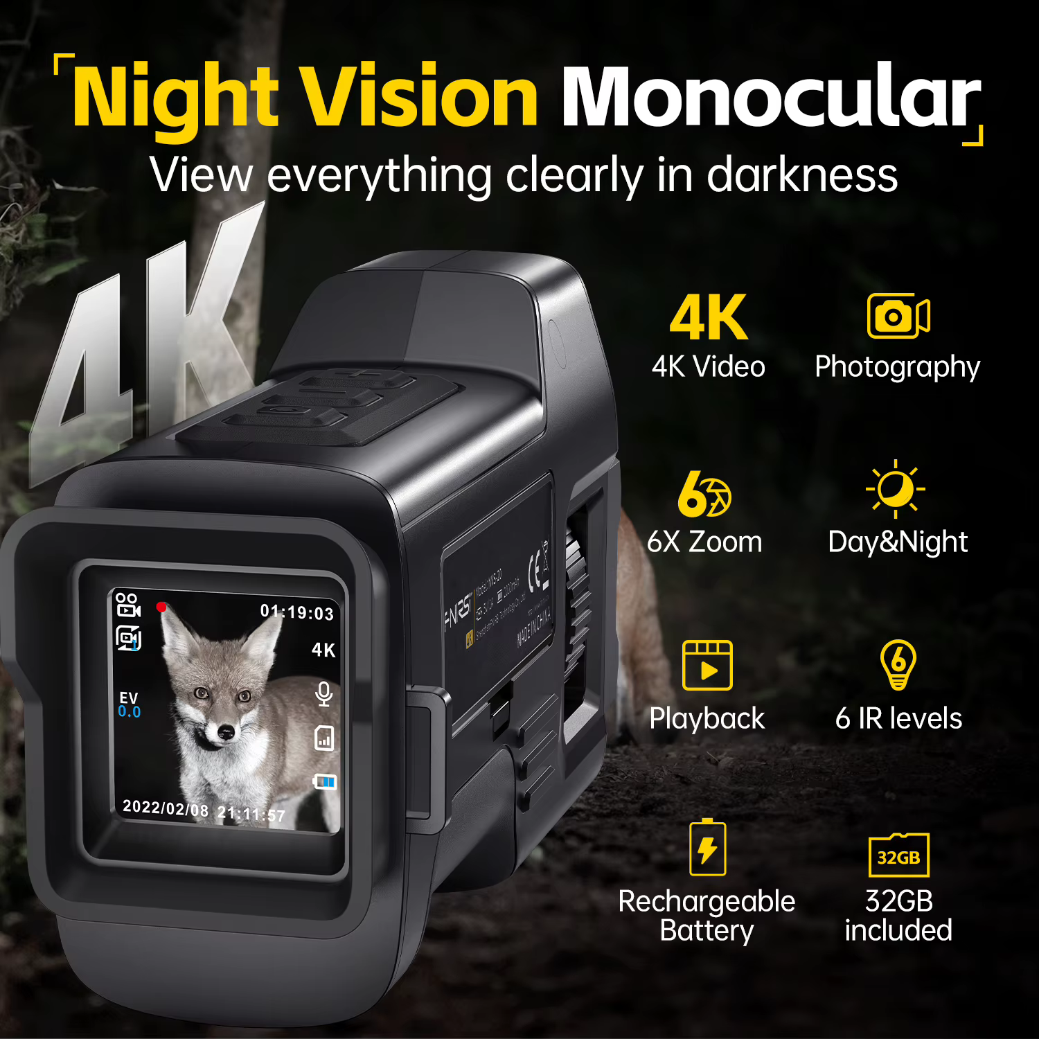 FNIRSI NVS-20 NVS-40 Dispositif de vision numérique HD 4K, zoom 6x, portée visuelle 300 m, prend en charge l'enregistrement photo et vidéo