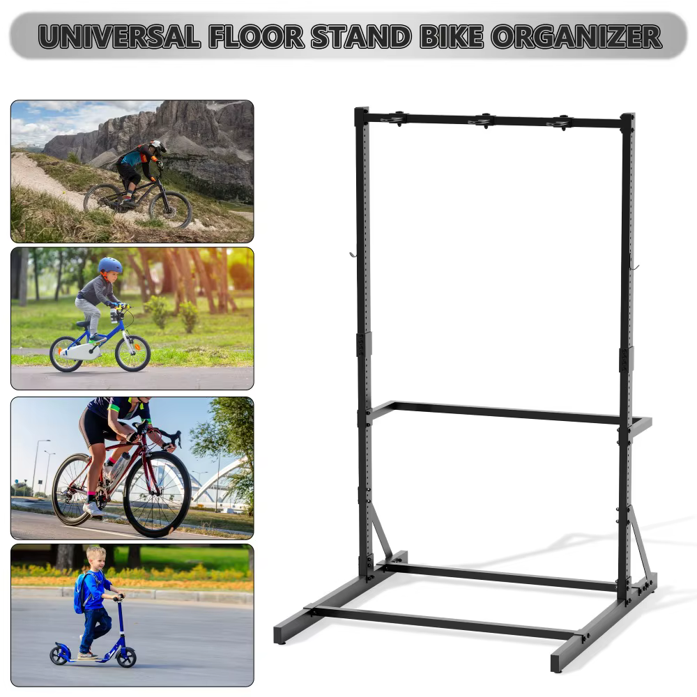 Support de vélo autoportant, support de rangement vertical pour vélos, pour garage, organisateur de vélos d'intérieur avec crochets réglables pour 5 vélos