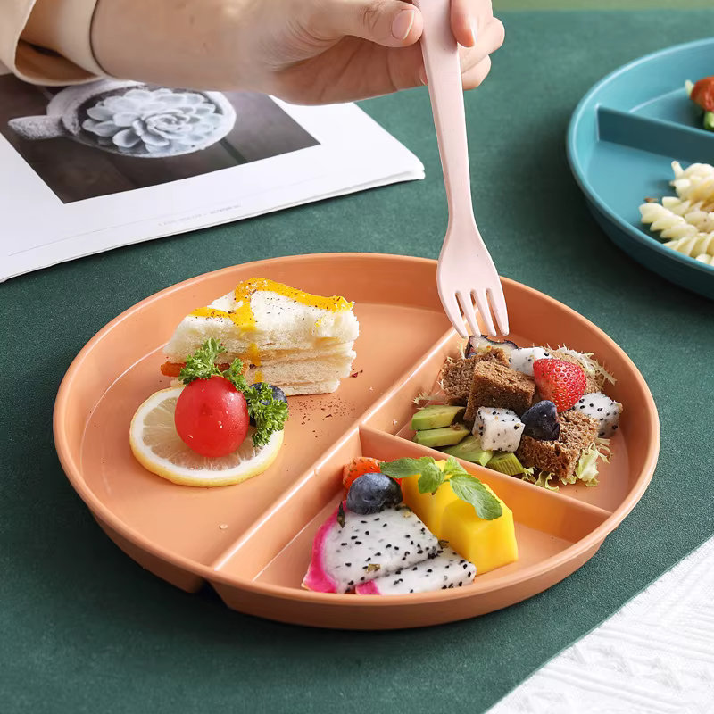 Assiette de petit-déjeuner divisée en 3 compartiments, assiette individuelle ronde en plastique, assiette réutilisable pour régime alimentaire sain et perte de poids, assiette de pique-nique
