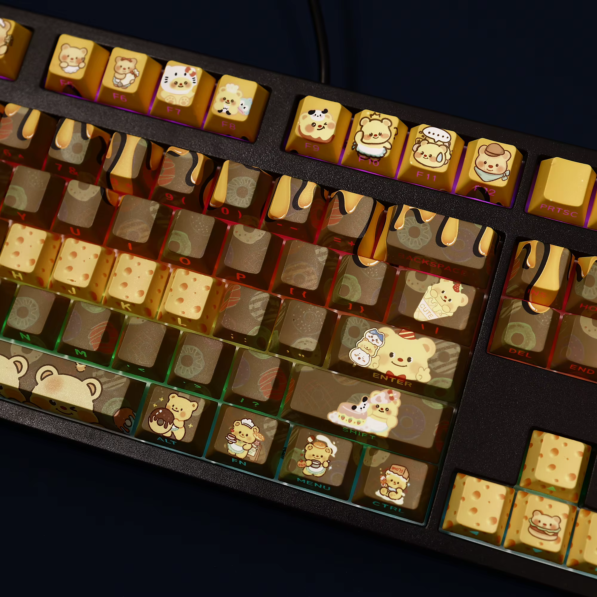 108 touches ours au beurre dessin animé mignon personnalisé PBT bricolage sous-lit imprimé rétro-éclairé Keycaps pour clavier mécanique MX Switch 87/91/104