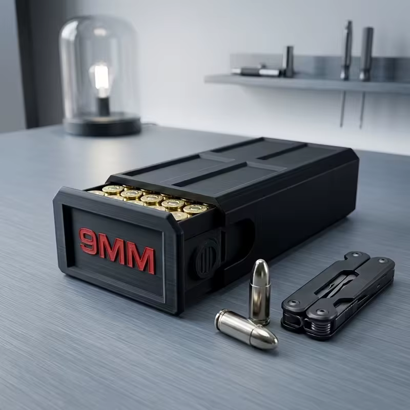 Boîte à munitions 9 mm de 50 cartouches imprimée en 3D avec couvercle coulissant – Organisateur et rangement tactique