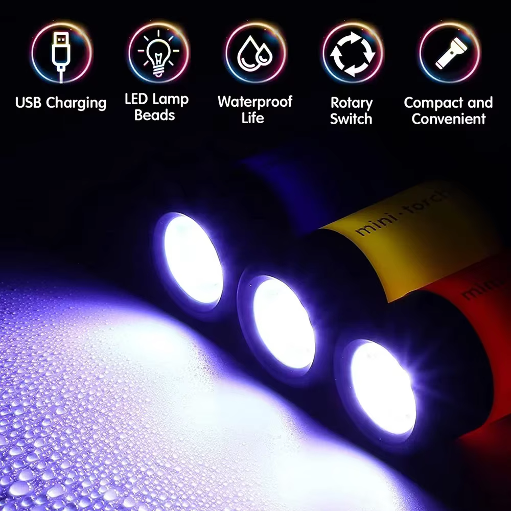 Mini lampe de poche LED aste par USB, lampe de bain multifonctionnelle, porte-clés de poche, étanche, extérieur, randonnée, camping