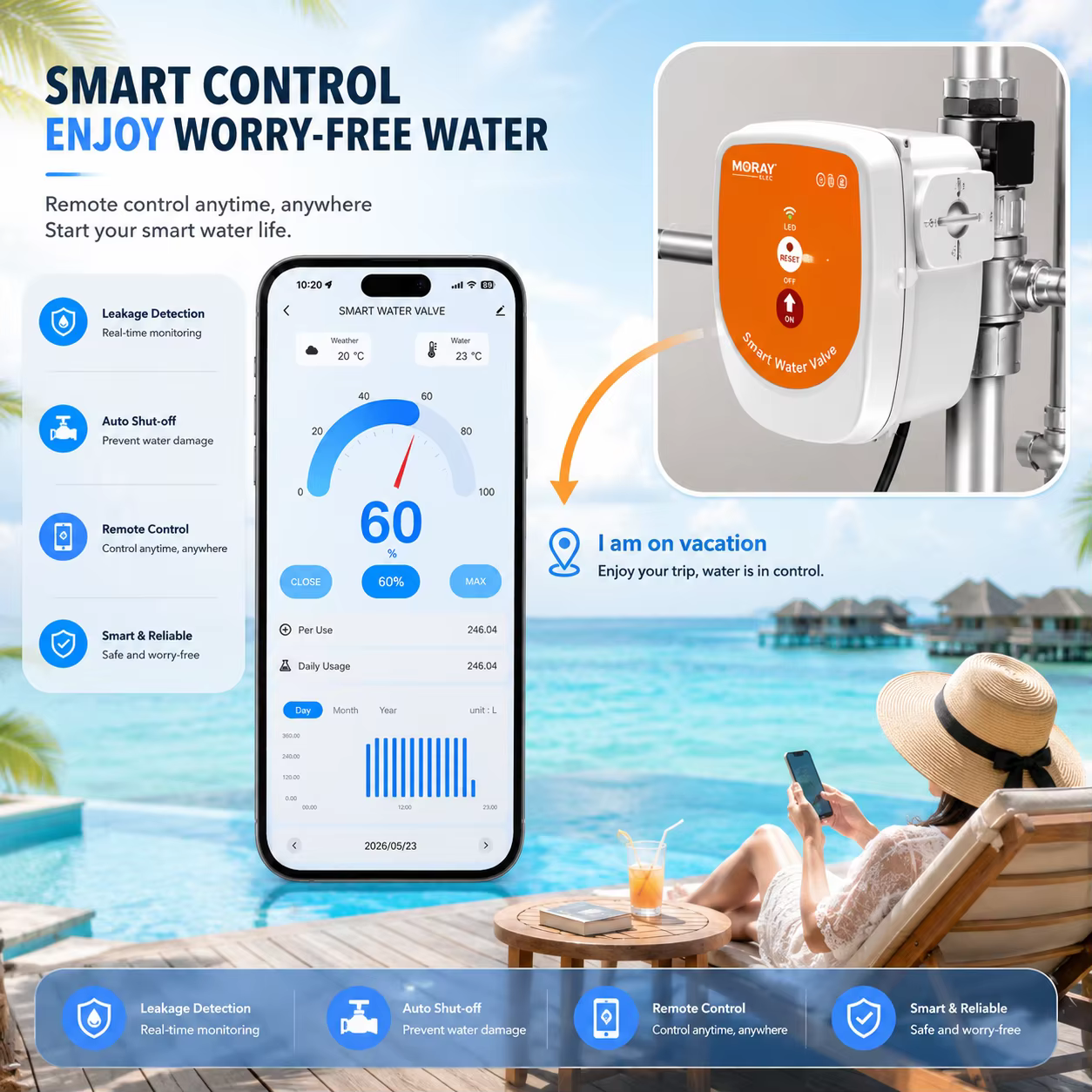 Contrôleur d'eau extérieur WiFi ME220FW avec affichage du débit et de la température en temps réel, commande vocale, 0-10000L pour jardin