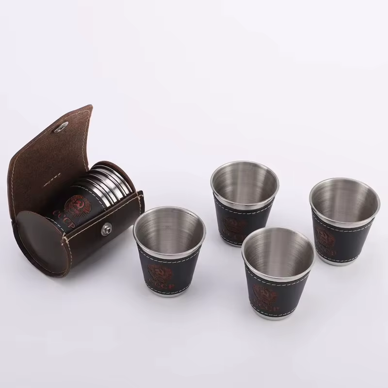 Tasse à Vodka, étui en PU 304, gobelet à vin en acier inoxydable, taille Portable, tasse à liqueur personnalisée, ensemble de verres à Shot de 70ml, 4 pièces